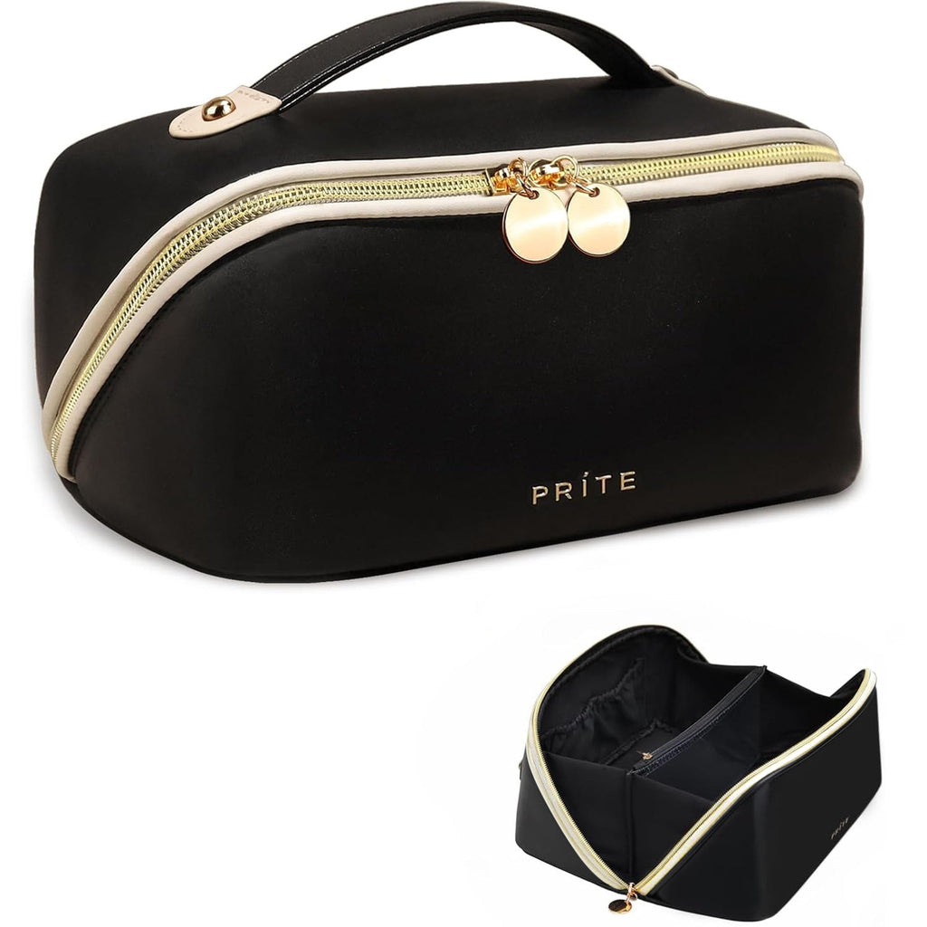 Prite Kosmetiktasche Reise Make Up Tasche mit Pinsel-Fächer, Beige, L