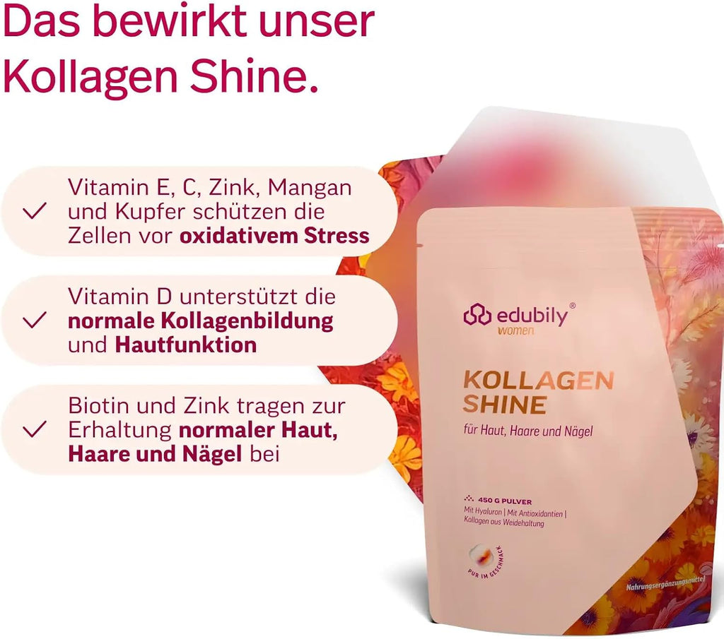 edubily® Kollagen Shine Drink – Beauty-Drink mit Kollagen Hydrolysat aus Weidehaltung, Hyaluronsäure, Vitamin E, Q10 & Biotin (450 g, Pur)