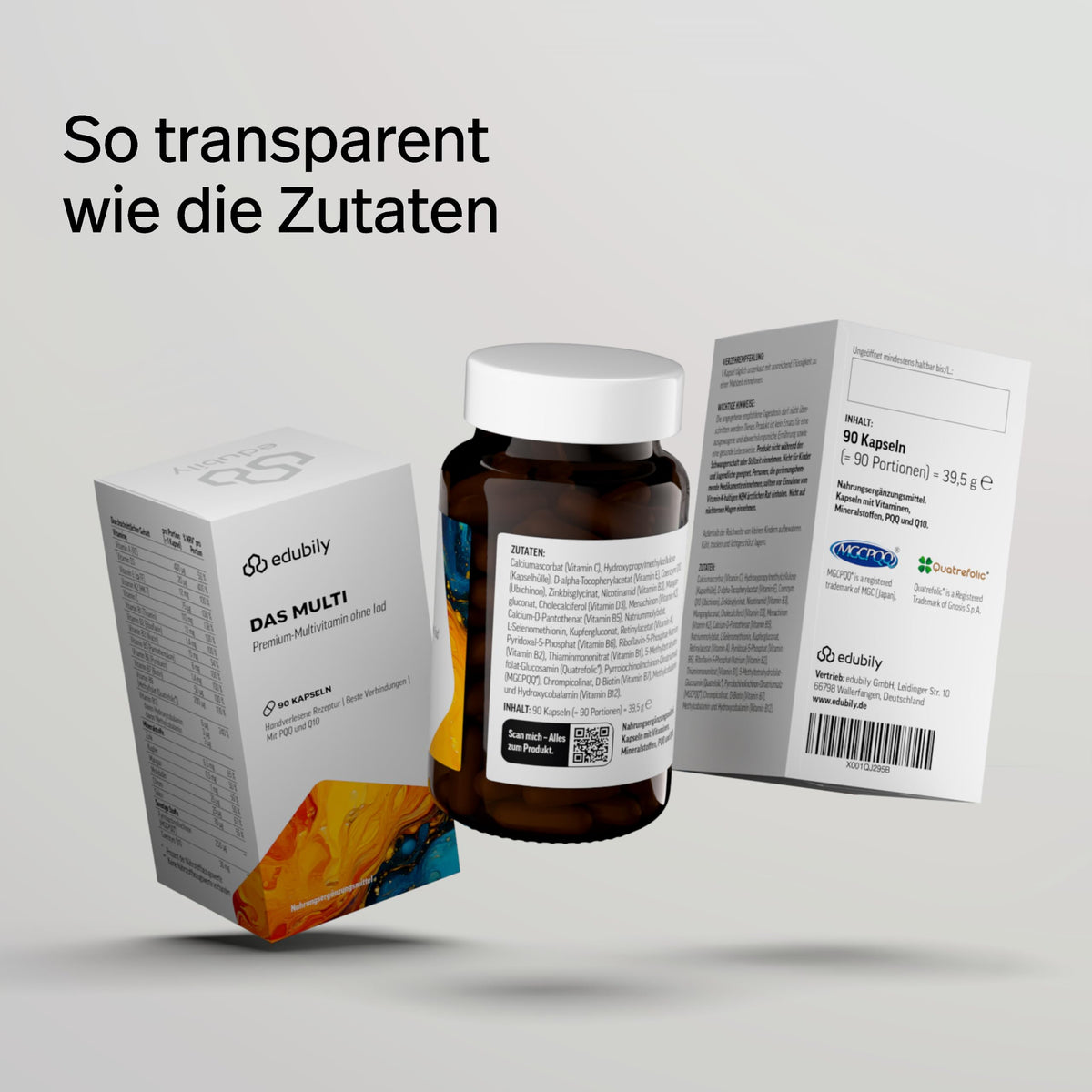 edubily® Das Multi - Multivitamin Kapseln als umfassende Mikronährstoff-Basis - mit 20 Mikronährstoffen, PQQ & Q10 - ohne unnötige Zusätze - 1 Kapsel täglich (90 Kapseln mit Iod)