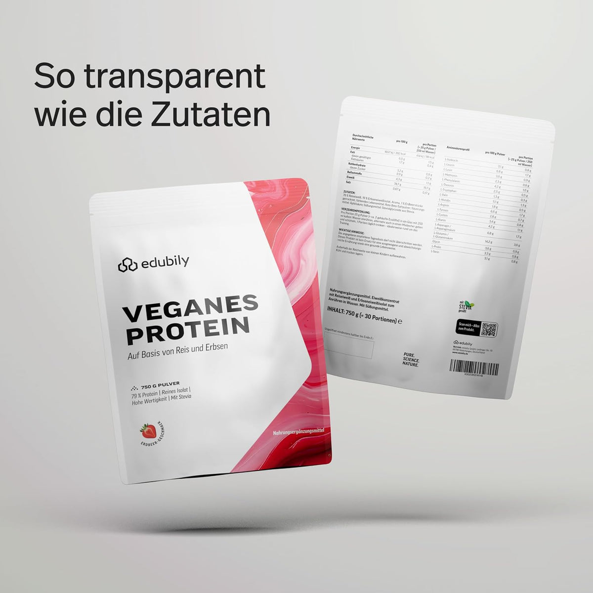 edubily® Veganes Proteinpulver - Mit Reisprotein und Erbsenprotein - Hoher Eiweißgehalt - Ohne Zucker • Mit Stevia • Laborgeprüftes Eiweißpulver (750 g, Erdbeere)