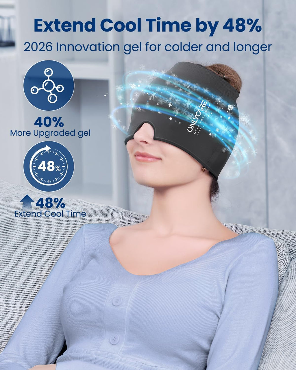 ONLYCARE Migräne Maske, Upgraded Kühlmaske Schlafmaske Kühlmütze Kühlhaube