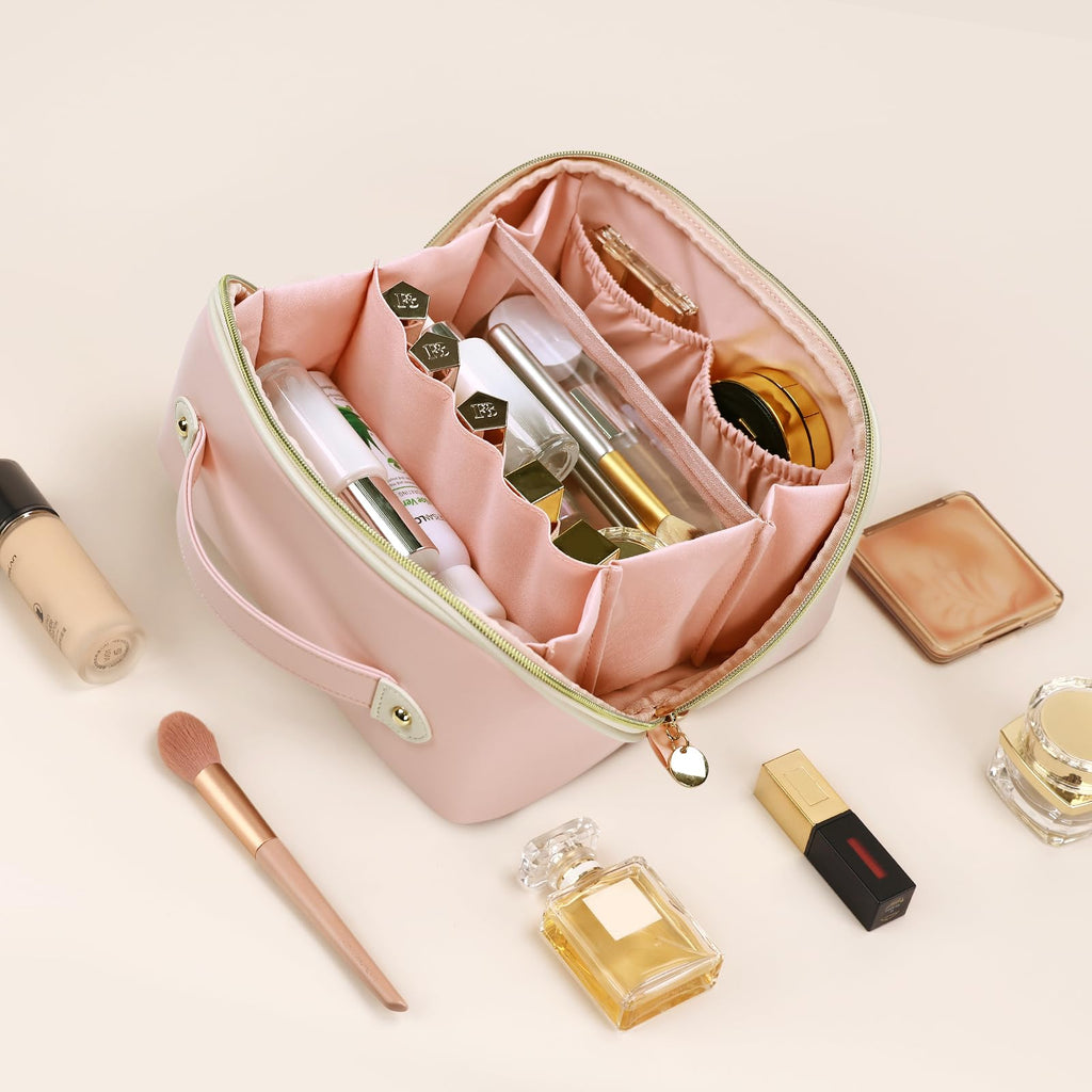 Prite Kosmetiktasche Reise Make Up Tasche mit Pinsel-Fächer, Beige, L