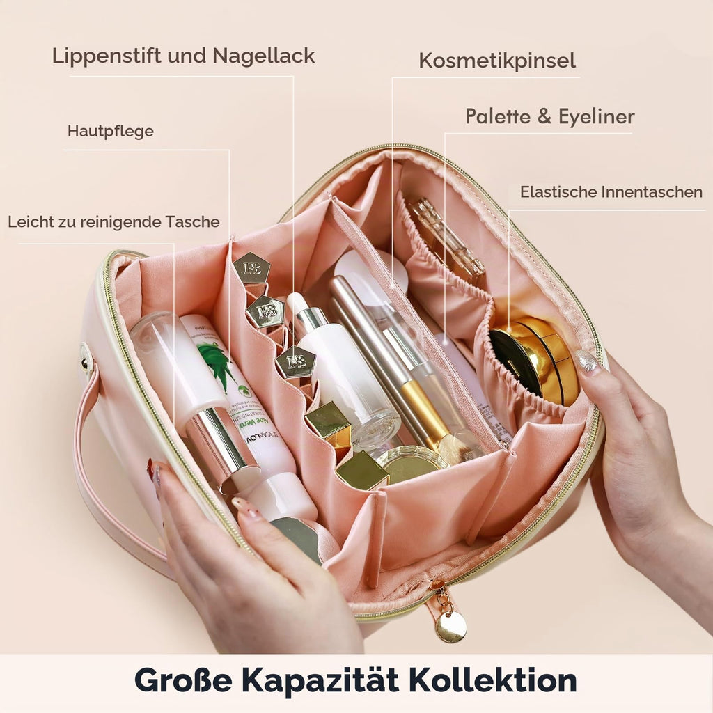 Prite Kosmetiktasche Reise Make Up Tasche mit Pinsel-Fächer, Beige, L