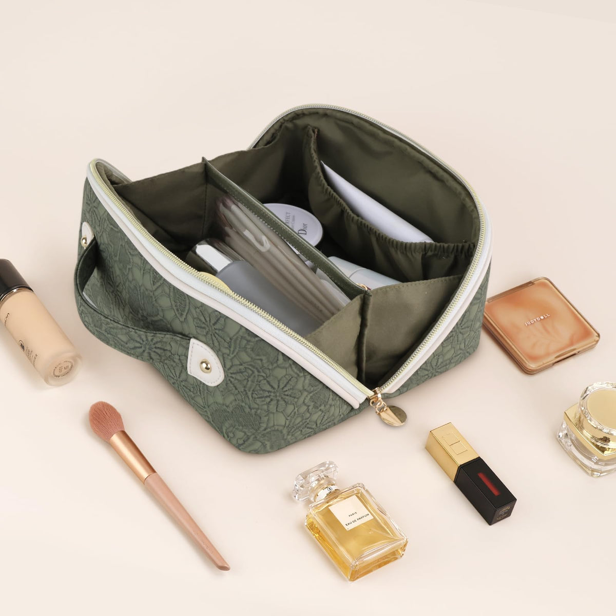 Prite Kosmetiktasche Reise Make Up Tasche mit Pinsel-Fächer, Beige, L
