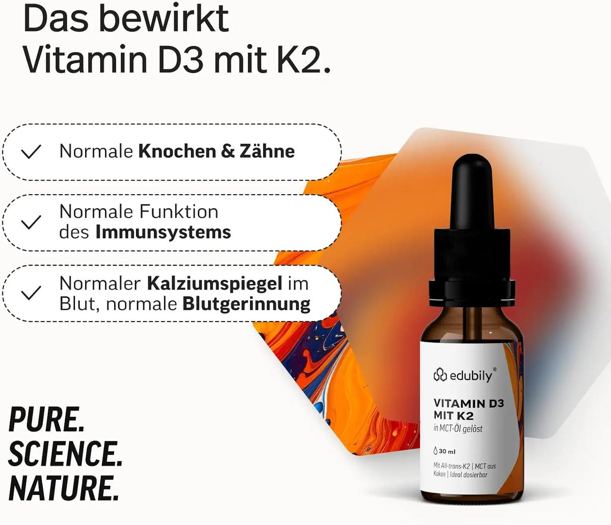 edubily® Vitamin D3 K2 - Vitamin D aus hochwertigem Cholecalciferol - Vitamin K2-MK7 in der All-trans-Form - Gelöst in MCT Öl auf Kokosnussbasis - Laborgeprüft (30 ml)