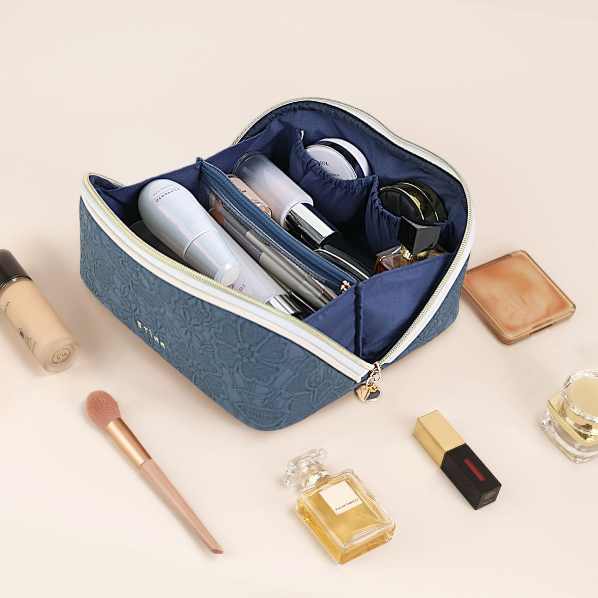 Prite Kosmetiktasche Reise Make Up Tasche mit Pinsel-Fächer, Beige, L