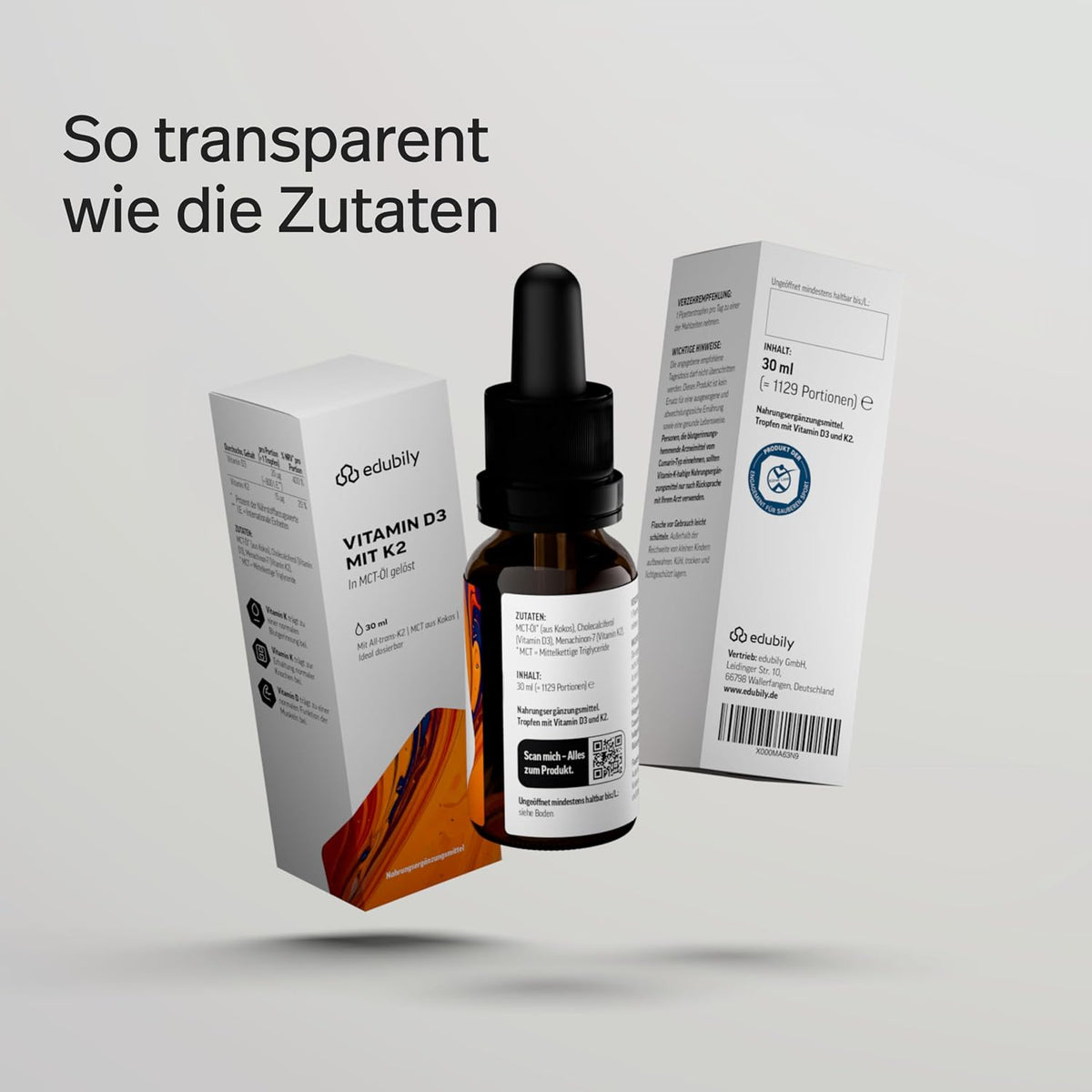 edubily® Vitamin D3 K2 - Vitamin D aus hochwertigem Cholecalciferol - Vitamin K2-MK7 in der All-trans-Form - Gelöst in MCT Öl auf Kokosnussbasis - Laborgeprüft (30 ml)