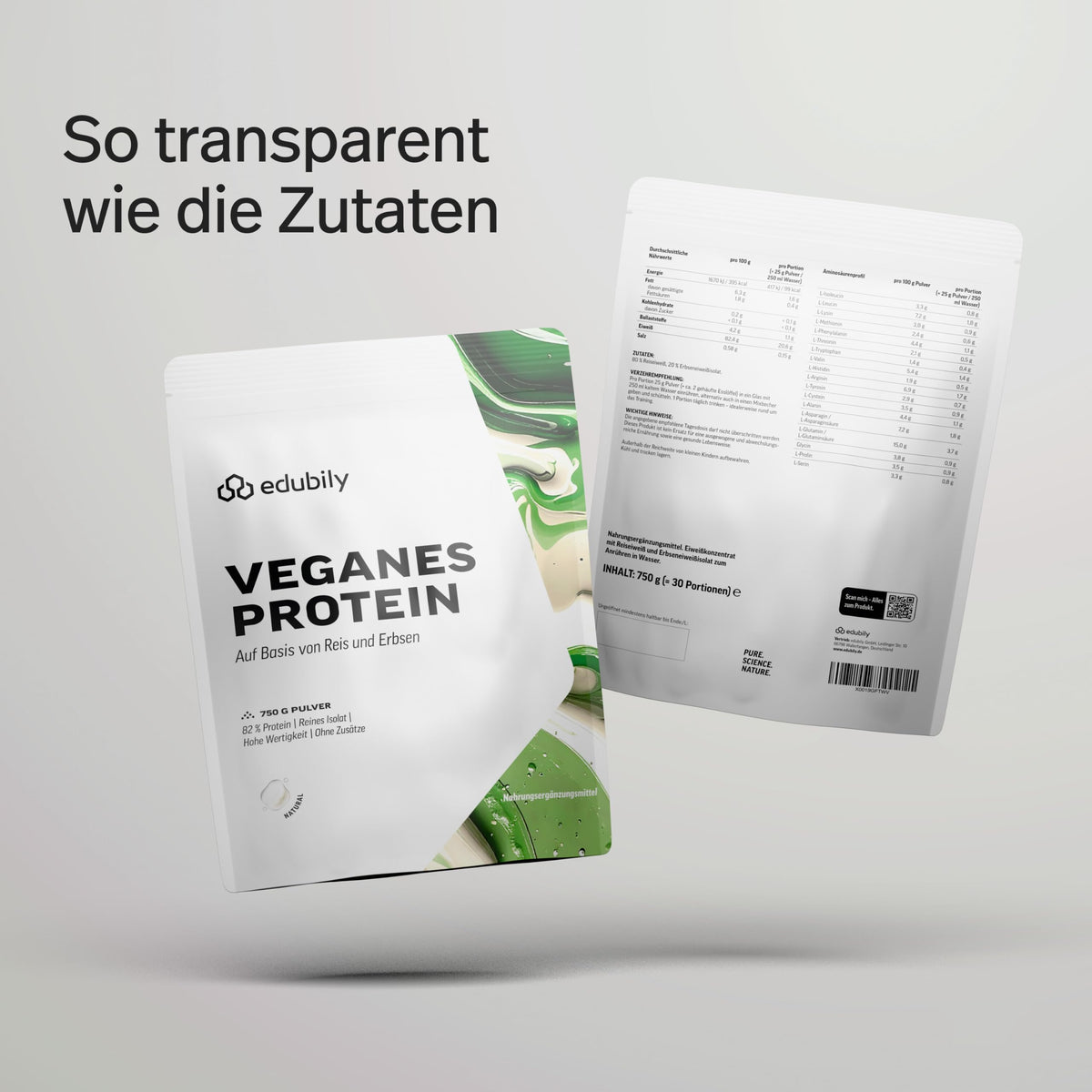 edubily® Veganes Proteinpulver - Mit Reisprotein und Erbsenprotein - Hoher Eiweißgehalt - Ohne Zucker • Mit Stevia • Laborgeprüftes Eiweißpulver (750 g, Erdbeere)
