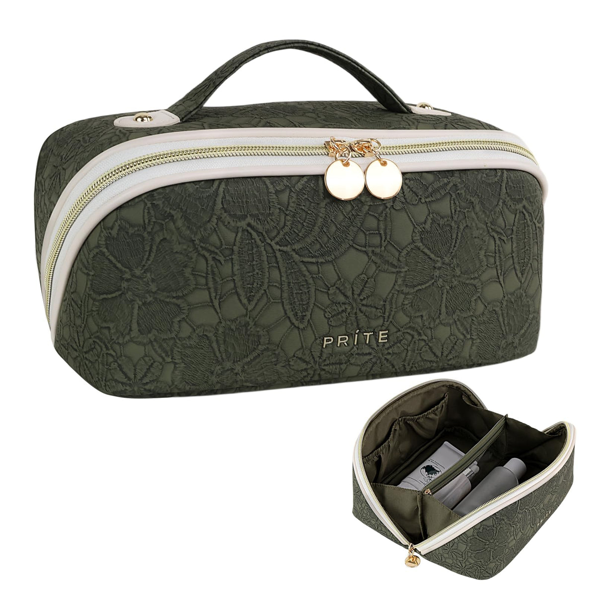 Prite Kosmetiktasche Reise Make Up Tasche mit Pinsel-Fächer, Beige, L