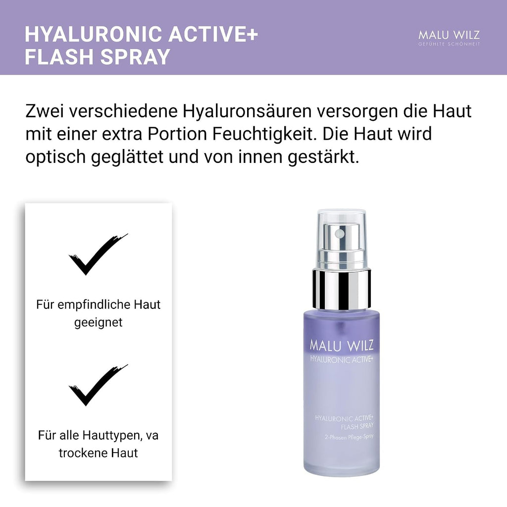 Malu Wilz Hyaluronic Active + Flash Spray 30 ml I Erfrischende Skincare Gesichtspflege-Serum mit Hyaluron-Wirkstoff-Formel mit Dual-Effekt I Booster I Vegan