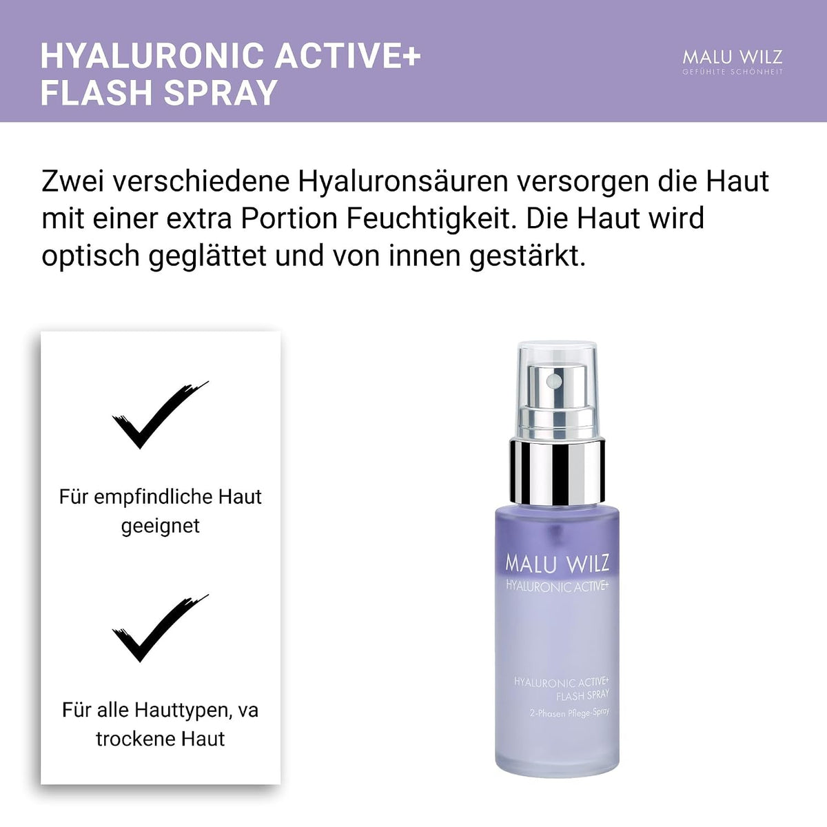Malu Wilz Hyaluronic Active + Flash Spray 30 ml I Erfrischende Skincare Gesichtspflege-Serum mit Hyaluron-Wirkstoff-Formel mit Dual-Effekt I Booster I Vegan