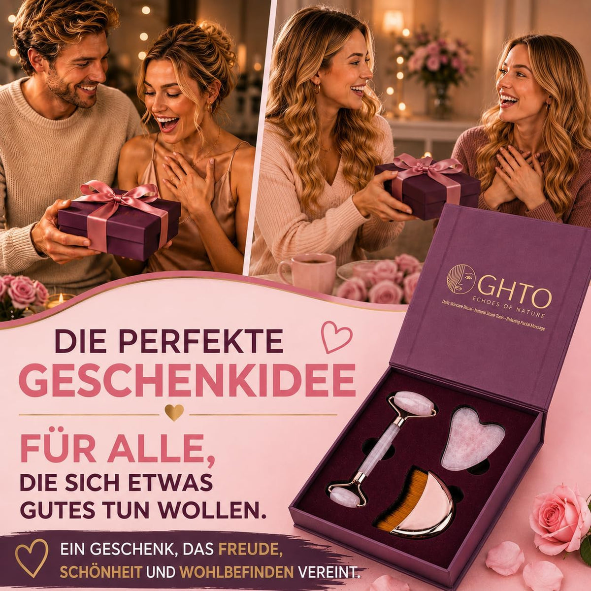 Premium Naturstein Gesichtspflege Set Gua Sha Stein Gesichtsroller Gesichtsbürste Lymphbürste Massagebürste Lymphdrainagebürste für Gesicht