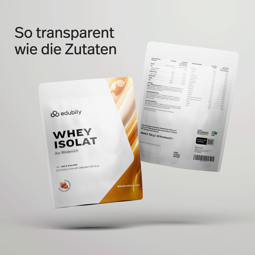 edubily® Whey Protein Isolat - Laktosefrei - Sehr gut lösliches Eiweißpulver ohne Kohlenhydrate & Zucker - Aus irischer Weidehaltung (750 g, Kakao mit Stevia)