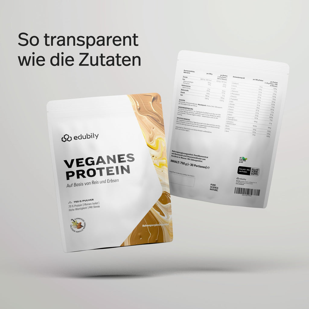 edubily® Veganes Proteinpulver - Mit Reisprotein und Erbsenprotein - Hoher Eiweißgehalt - Ohne Zucker • Mit Stevia • Laborgeprüftes Eiweißpulver (750 g, Erdbeere)
