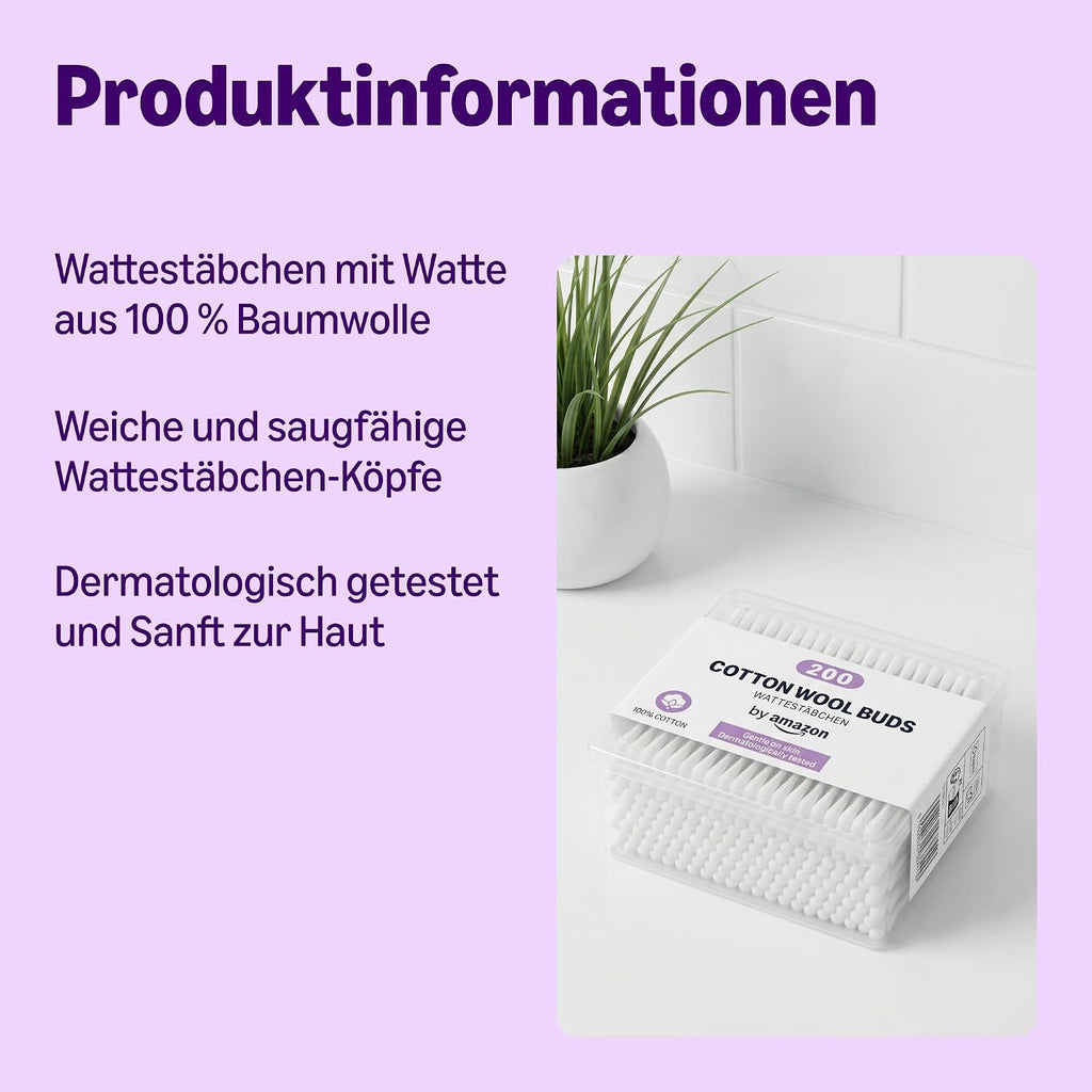by Amazon Wattestäbchen, 100% Baumwolle, 200 Stück