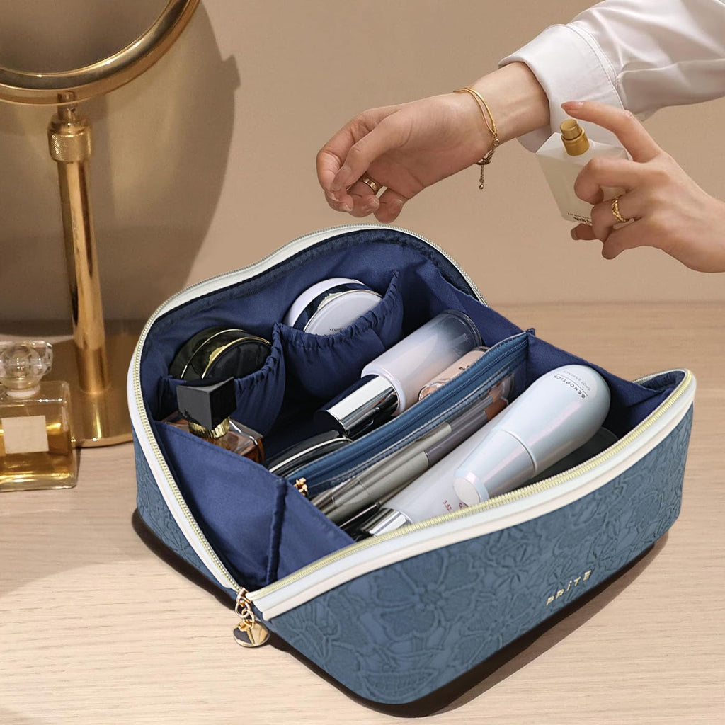 Prite Kosmetiktasche Reise Make Up Tasche mit Pinsel-Fächer, Beige, L