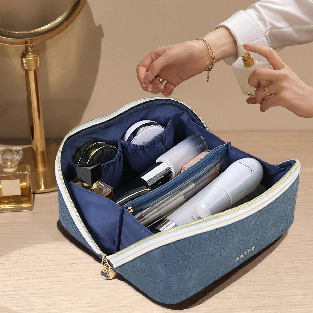 Prite Kosmetiktasche Reise Make Up Tasche mit Pinsel-Fächer, Beige, L