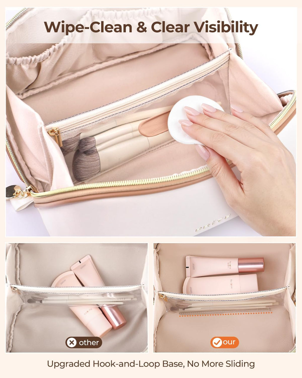 Prite Kosmetiktasche Reise Make Up Tasche mit Pinsel-Fächer, Beige, L