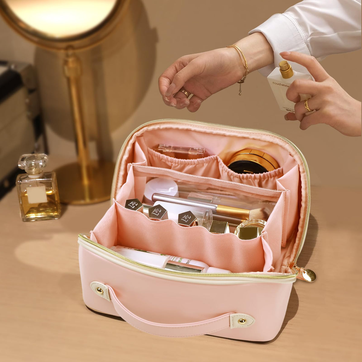 Prite Kosmetiktasche Reise Make Up Tasche mit Pinsel-Fächer, Beige, L