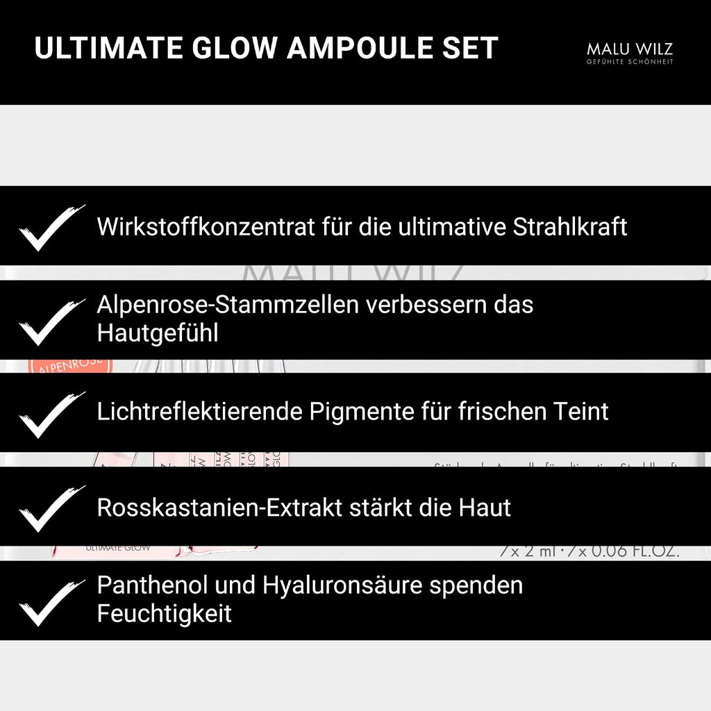 Malu Wilz Ultimate Glow Ampoule Set 7x2ml, vegan - Ampullen Gesicht Pflegeformel gegen müde Haut - Gesichtspflege für strahlenden Teint & herausragendes Hautgefühl