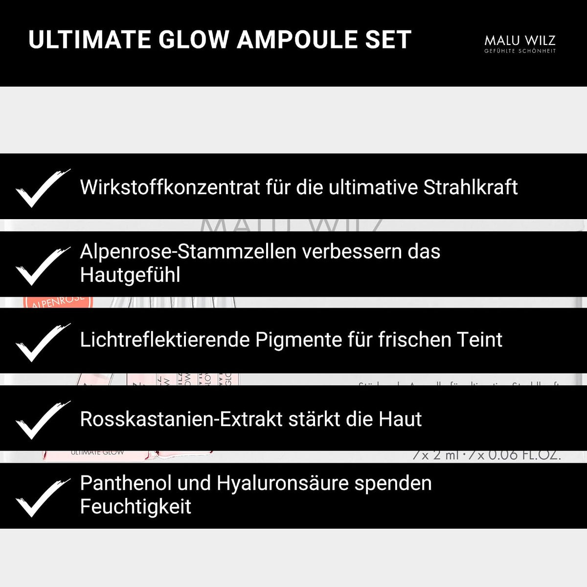 Malu Wilz Ultimate Glow Ampoule Set 7x2ml, vegan - Ampullen Gesicht Pflegeformel gegen müde Haut - Gesichtspflege für strahlenden Teint & herausragendes Hautgefühl