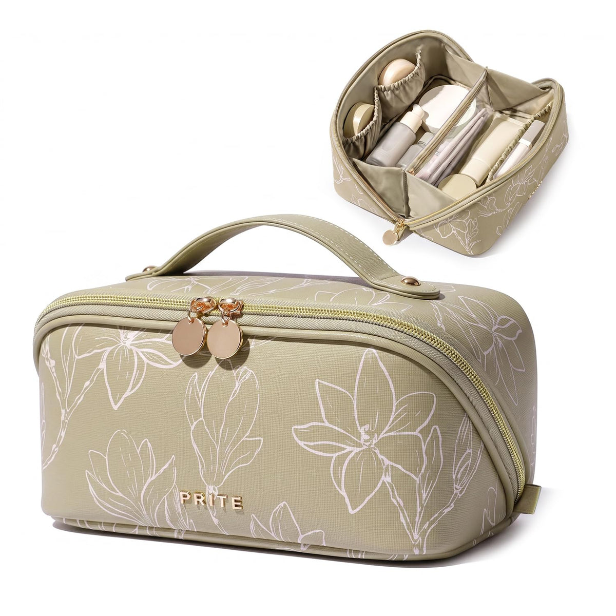 Prite Kosmetiktasche Reise Make Up Tasche mit Pinsel-Fächer, Beige, L