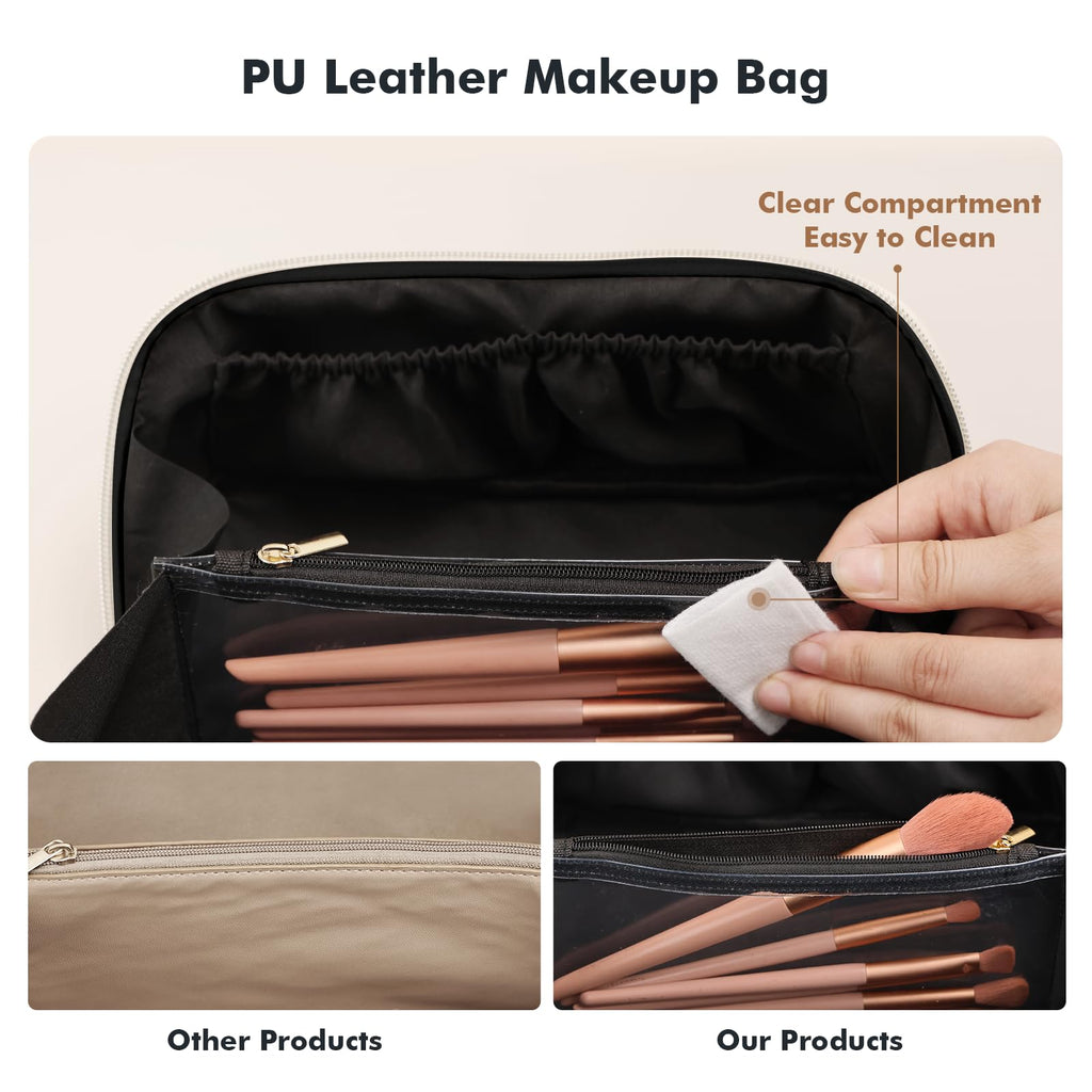 Prite Kosmetiktasche Reise Make Up Tasche mit Pinsel-Fächer, Beige, L