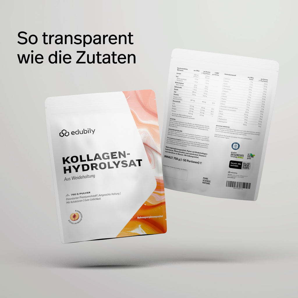 edubily® Kollagen-Hydrolysat - Kollagen Pulver als hochwertige Proteinergänzung im Alltag - aus Weidehaltung, Vitamin C, Zink, Kupfer, Mangan & Kieselsäure - 1 Portion täglich (750 g, ohne Geschmack)