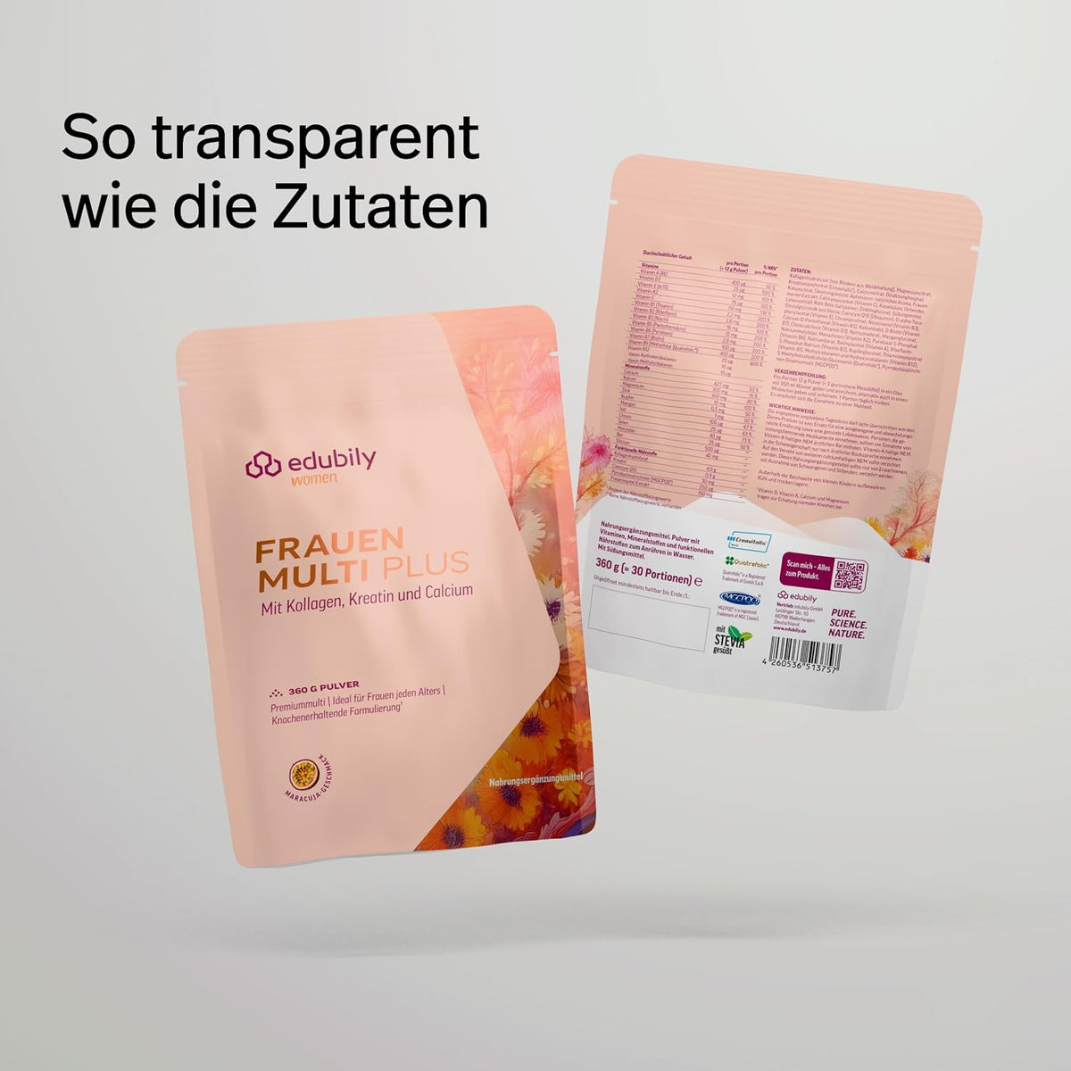 edubily® Frauen Multi Plus – Multivitamin & Mineralstoff-Drink für Frauen - Mit Calcium, Magnesium, Zink, Vitamin D & B-Vitaminen, Kreatin, Q10 & Kollagen - Zuckerfrei (360 g, Maracuja)