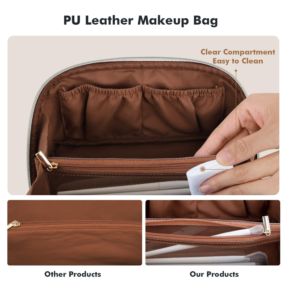 Prite Kosmetiktasche Reise Make Up Tasche mit Pinsel-Fächer, Beige, L