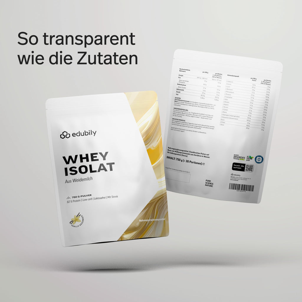 edubily® Whey Protein Isolat - Laktosefrei - Sehr gut lösliches Eiweißpulver ohne Kohlenhydrate & Zucker - Aus irischer Weidehaltung (750 g, Kakao mit Stevia)
