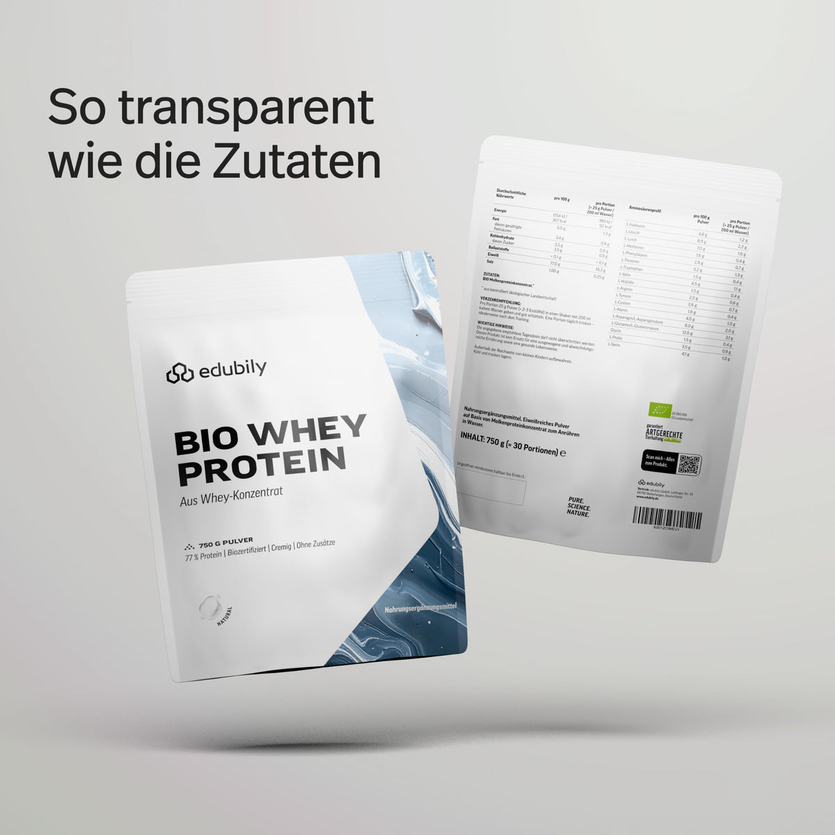 edubily® Whey Protein Konzentrat - Aus Milch von Kühen mit Weidezugang - Ohne Zucker & mit Stevia gesüßt - Optimale Löslichkeit - Made in Germany (750 g, Vanille)