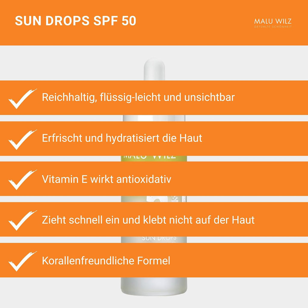 Malu Wilz Sun Drops SPF 50 30ml I Lotion für effektiven Sonnenschutz I Mit Vitamin E und Olivenöl als pflegende Wirkstoffe I Wasser- und schweißfest I Vegan