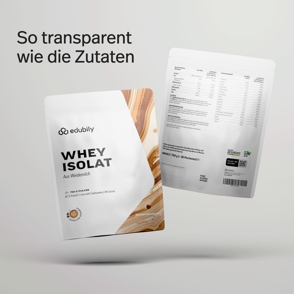 edubily® Whey Protein Isolat - Laktosefrei - Sehr gut lösliches Eiweißpulver ohne Kohlenhydrate & Zucker - Aus irischer Weidehaltung (750 g, Kakao mit Stevia)