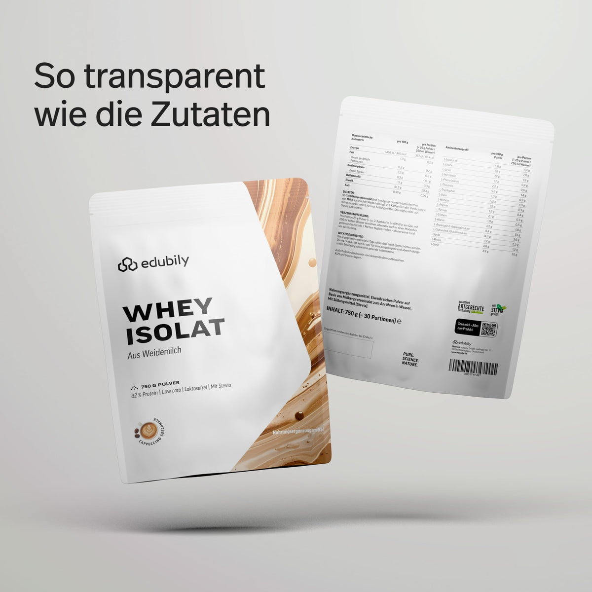 edubily® Whey Protein Isolat - Laktosefrei - Sehr gut lösliches Eiweißpulver ohne Kohlenhydrate & Zucker - Aus irischer Weidehaltung (750 g, Kakao mit Stevia)