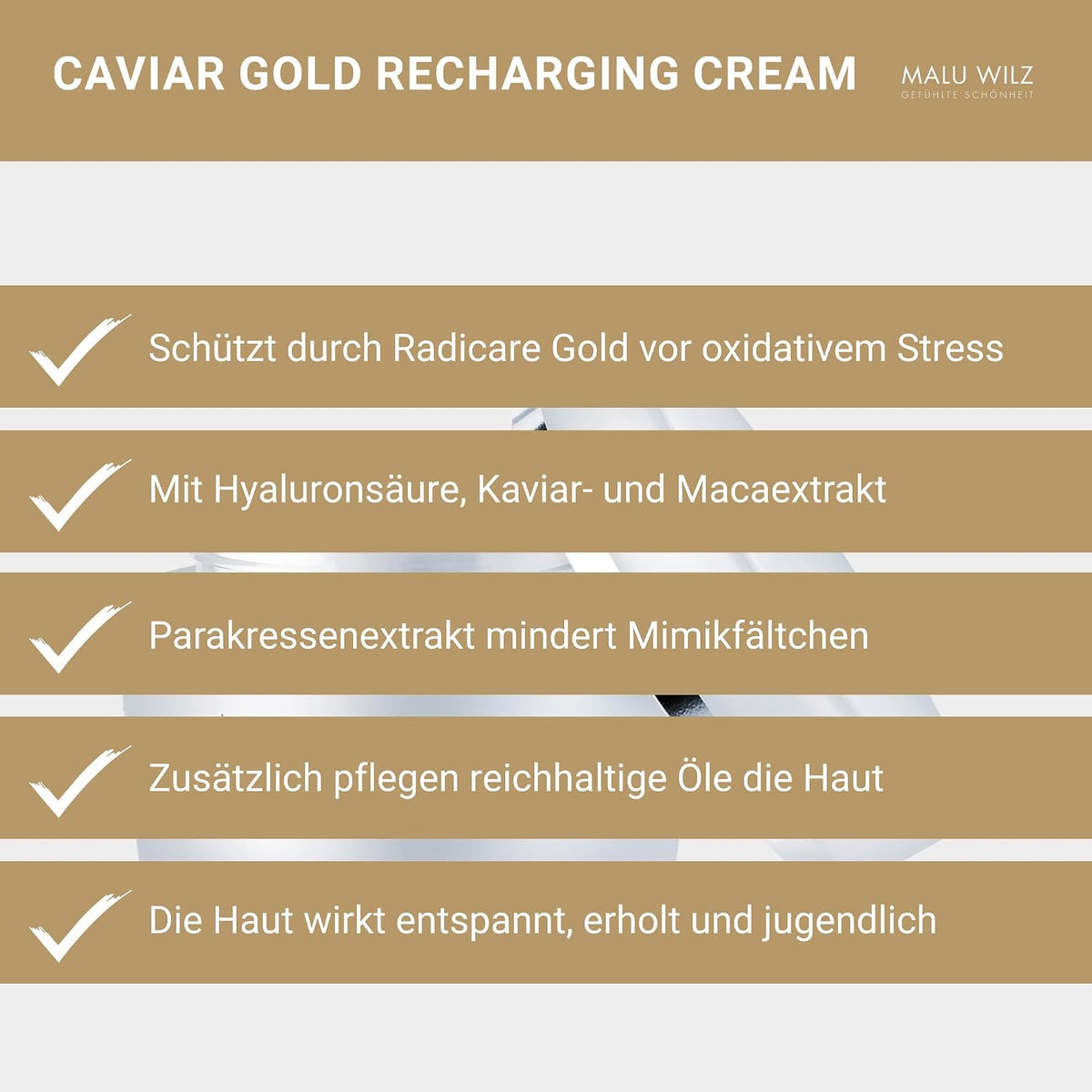 Malu Wilz Caviar Gold Recharging Cream 50ml I Gesichtscreme Damen I Pflegende, feuchtigkeitsspendende Anti Falten Creme I Verlangsamt die Hautalterung