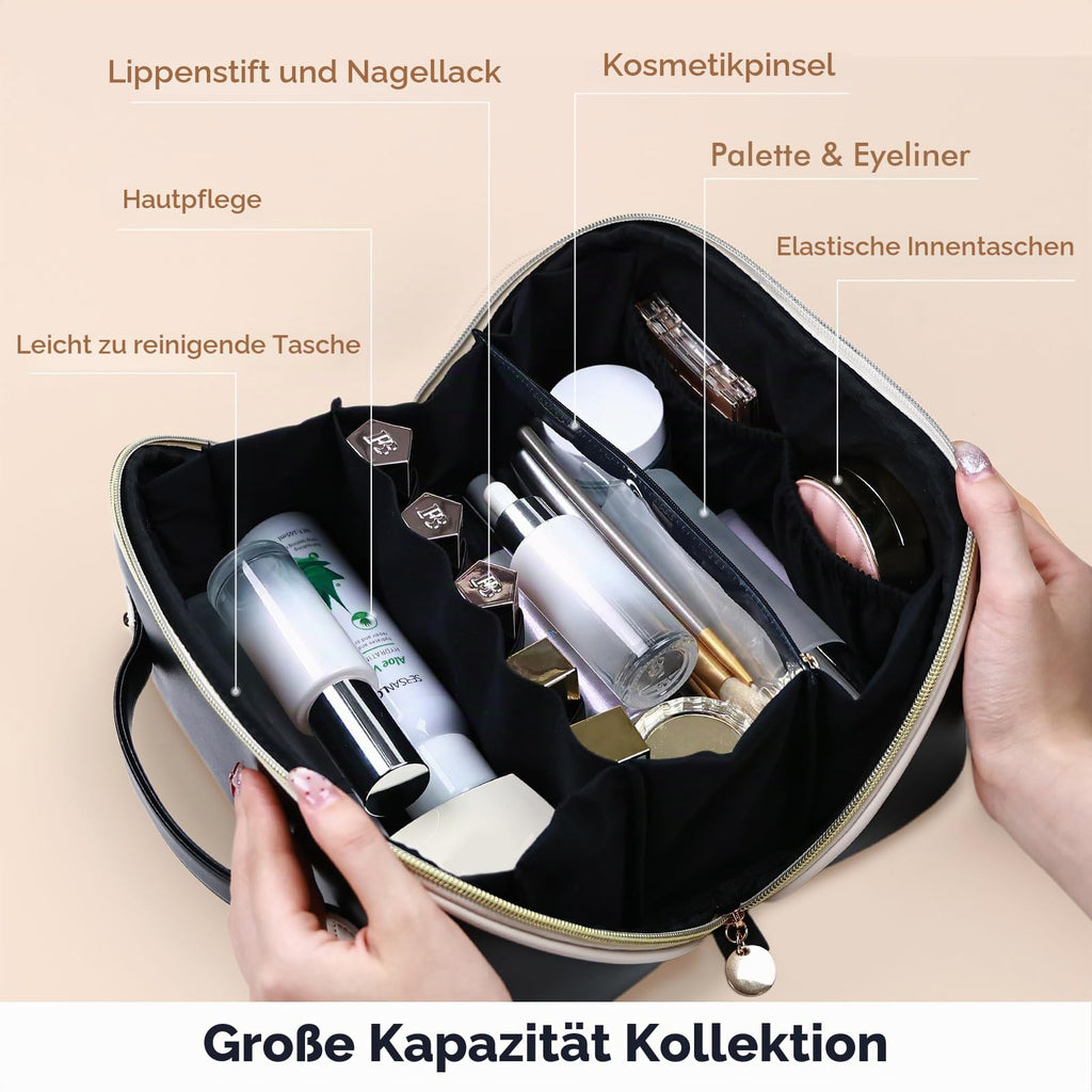 Prite Kosmetiktasche Reise Make Up Tasche mit Pinsel-Fächer, Beige, L