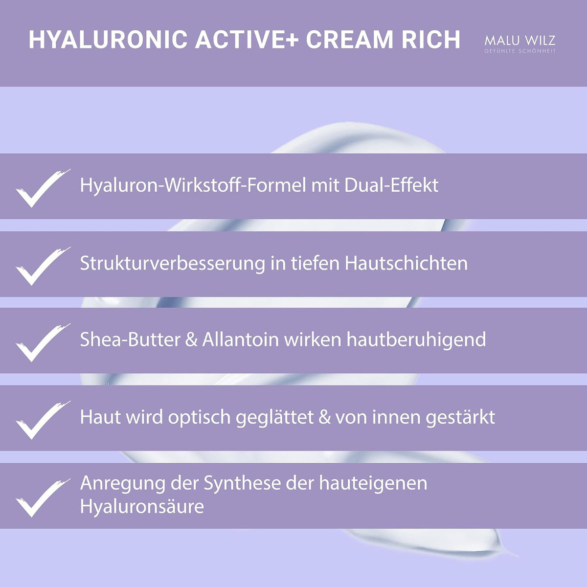 Malu Wilz Hyaluronic Active + Cream Rich 50 ml I Erfrischende Skincare Gesichtspflege-Creme mit Hyaluron-Wirkstoff-Formel mit Dual-Effekt I Booster I Vegan