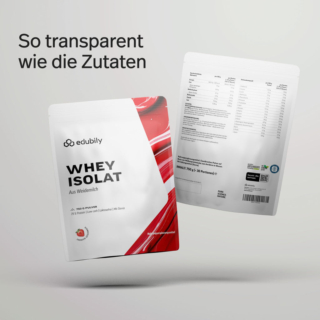 edubily® Whey Protein Isolat - Laktosefrei - Sehr gut lösliches Eiweißpulver ohne Kohlenhydrate & Zucker - Aus irischer Weidehaltung (750 g, Kakao mit Stevia)
