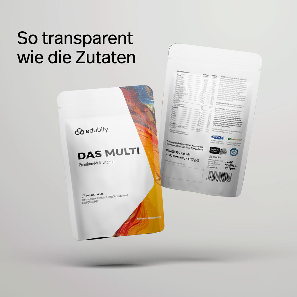 edubily® Das Multi - Multivitamin Kapseln als umfassende Mikronährstoff-Basis - mit 20 Mikronährstoffen, PQQ & Q10 - ohne unnötige Zusätze - 1 Kapsel täglich (90 Kapseln mit Iod)