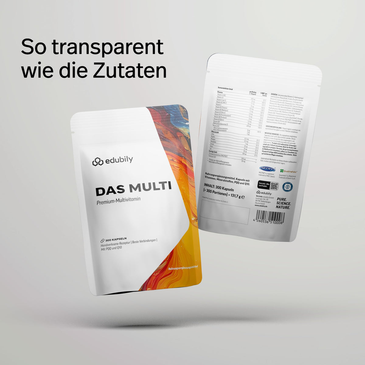 edubily® Das Multi - Multivitamin Kapseln als umfassende Mikronährstoff-Basis - mit 20 Mikronährstoffen, PQQ & Q10 - ohne unnötige Zusätze - 1 Kapsel täglich (90 Kapseln mit Iod)