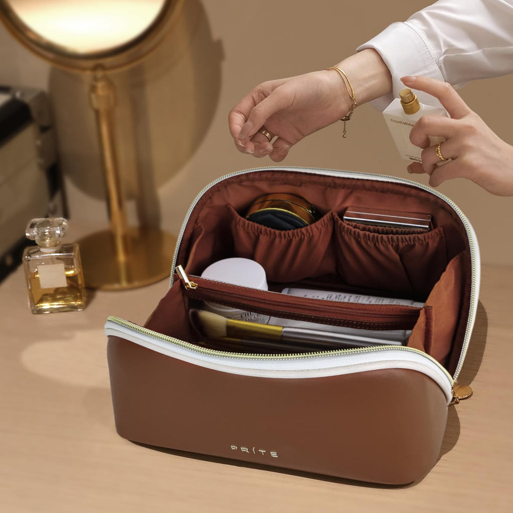 Prite Kosmetiktasche Reise Make Up Tasche mit Pinsel-Fächer, Beige, L