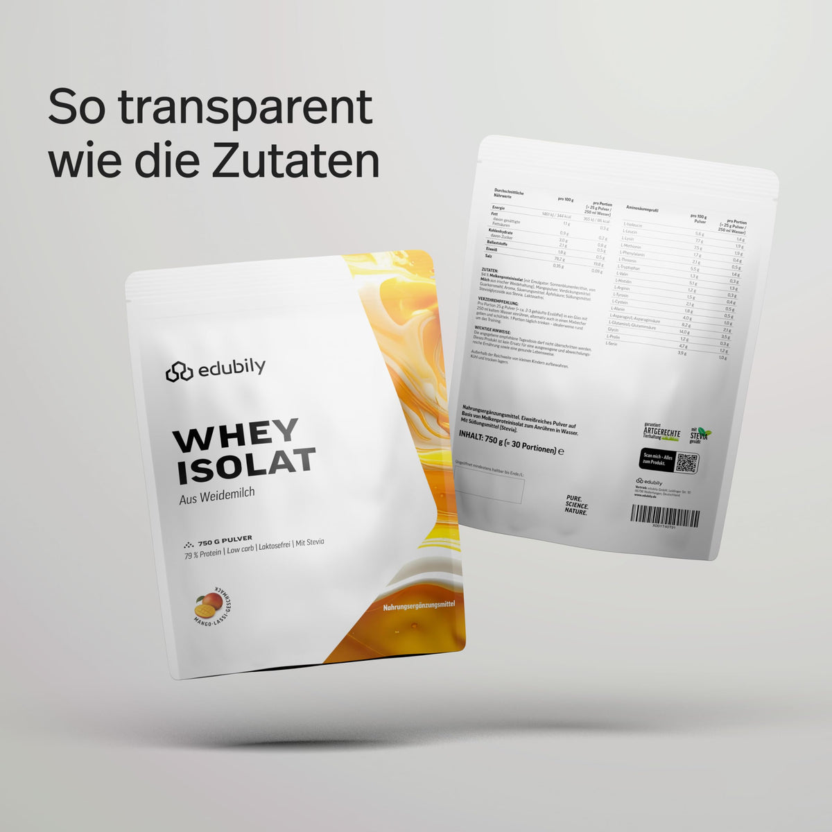 edubily® Whey Protein Isolat - Laktosefrei - Sehr gut lösliches Eiweißpulver ohne Kohlenhydrate & Zucker - Aus irischer Weidehaltung (750 g, Kakao mit Stevia)
