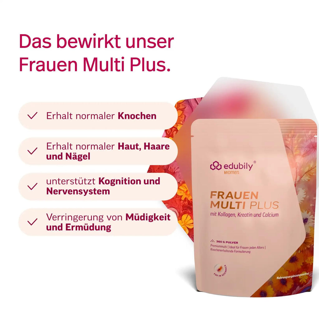 edubily® Frauen Multi Plus – Multivitamin & Mineralstoff-Drink für Frauen - Mit Calcium, Magnesium, Zink, Vitamin D & B-Vitaminen, Kreatin, Q10 & Kollagen - Zuckerfrei (360 g, Maracuja)