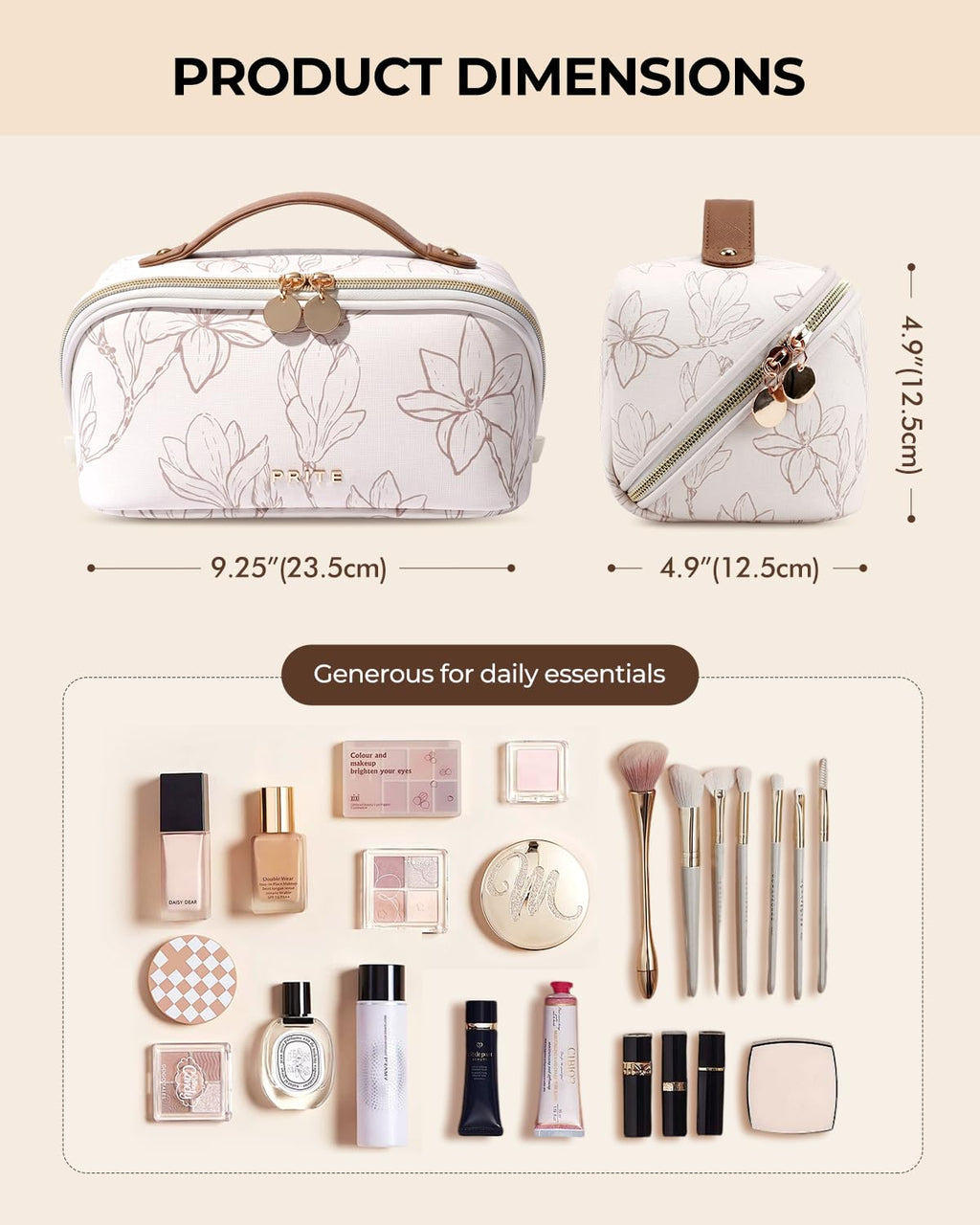 Prite Kosmetiktasche Reise Make Up Tasche mit Pinsel-Fächer, Beige, L