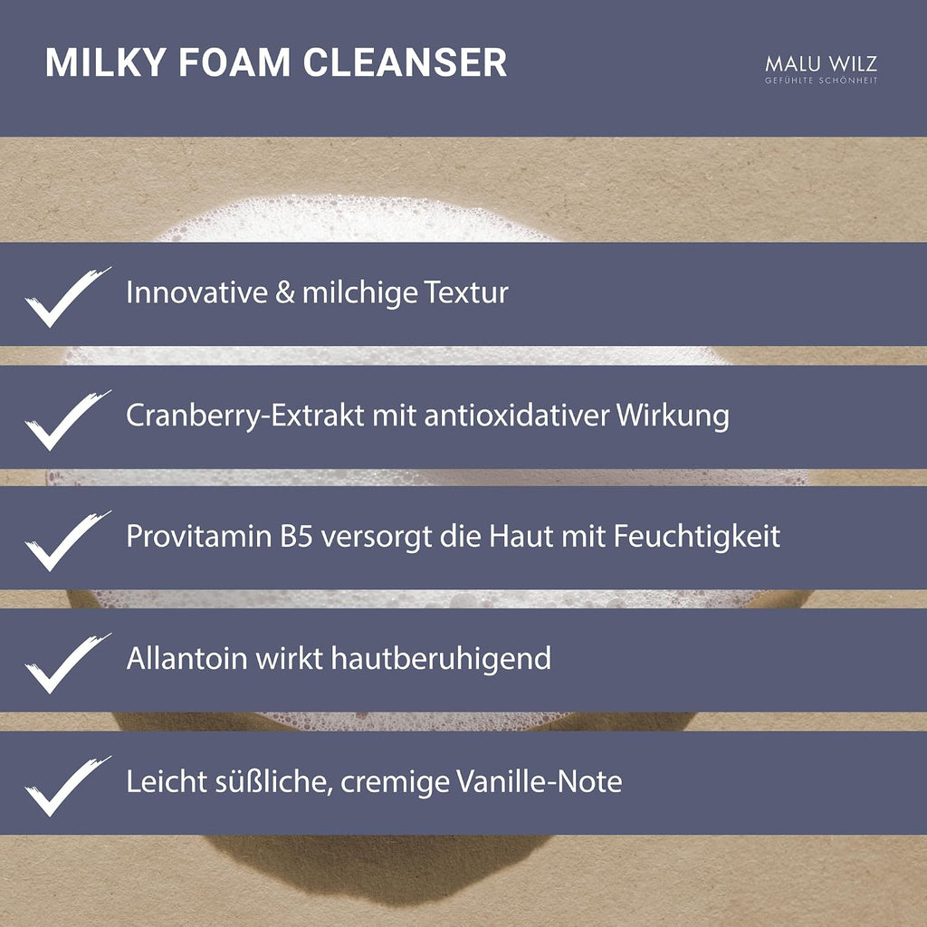 Malu Wilz Milky Foam Cleanser 100ml I Skincare Reinigungslotion für sanfte Gesichtsreinigung I Gesichtsreiniger mit Provitamin B5 für geschmeidige Haut I Vegan