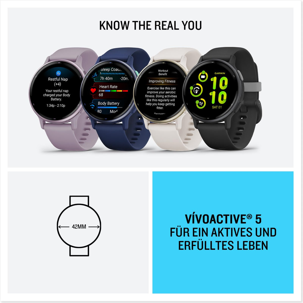 Garmin Vivoactive 5, 42 mm, GPS-Fitness-Smartwatch, Elfenbein Cremegold