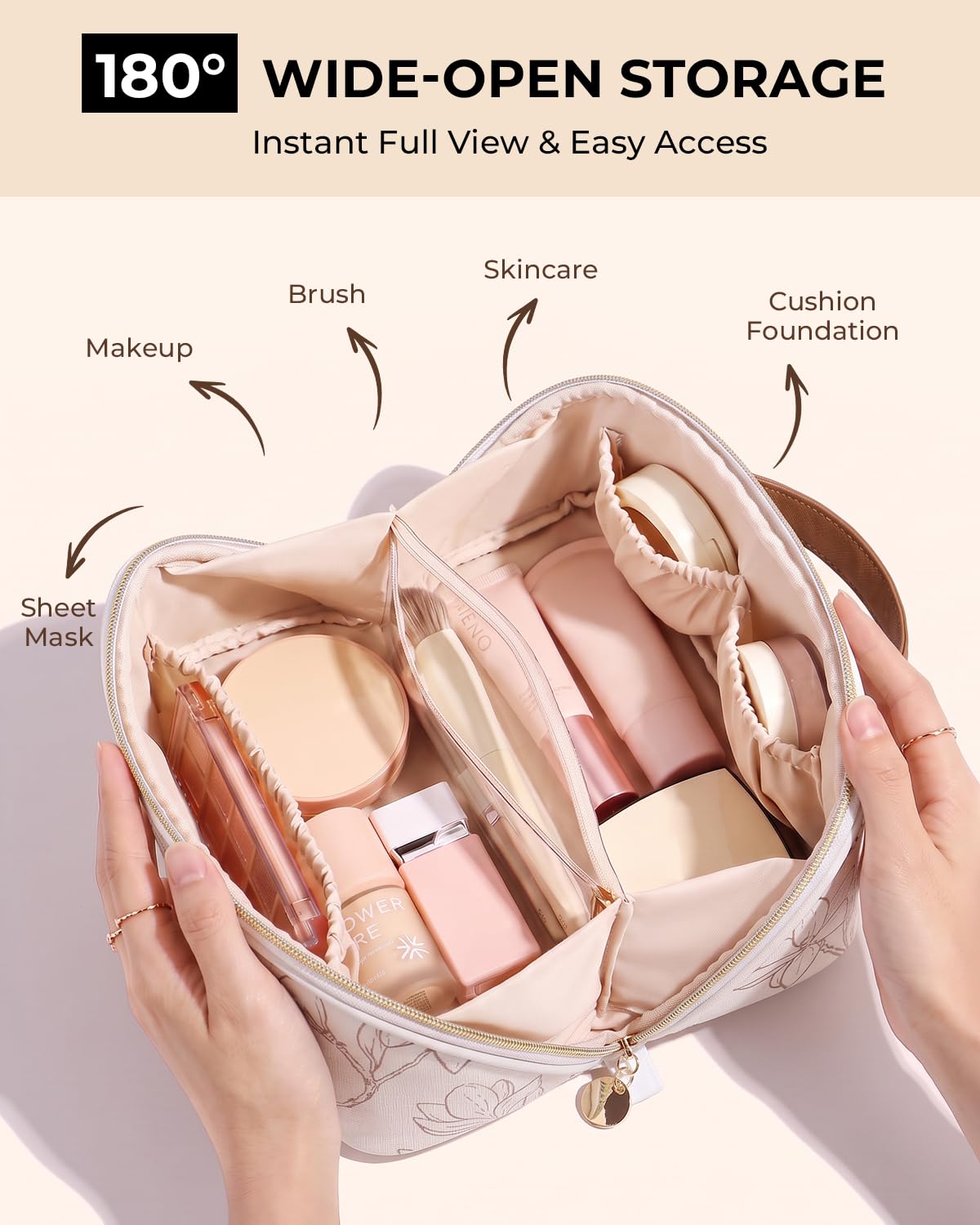Prite Kosmetiktasche Reise Make Up Tasche mit Pinsel-Fächer, Beige, L