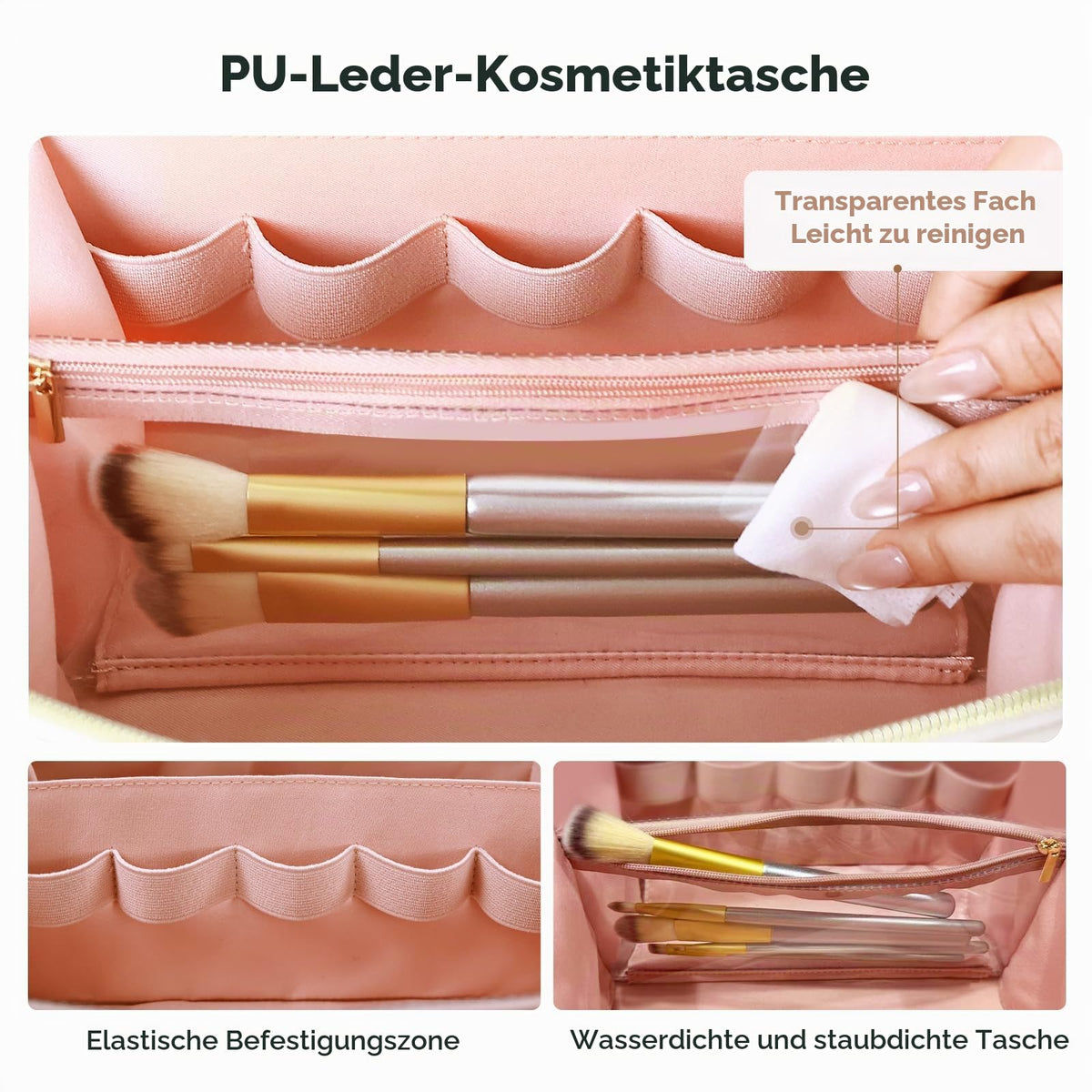 Prite Kosmetiktasche Reise Make Up Tasche mit Pinsel-Fächer, Beige, L