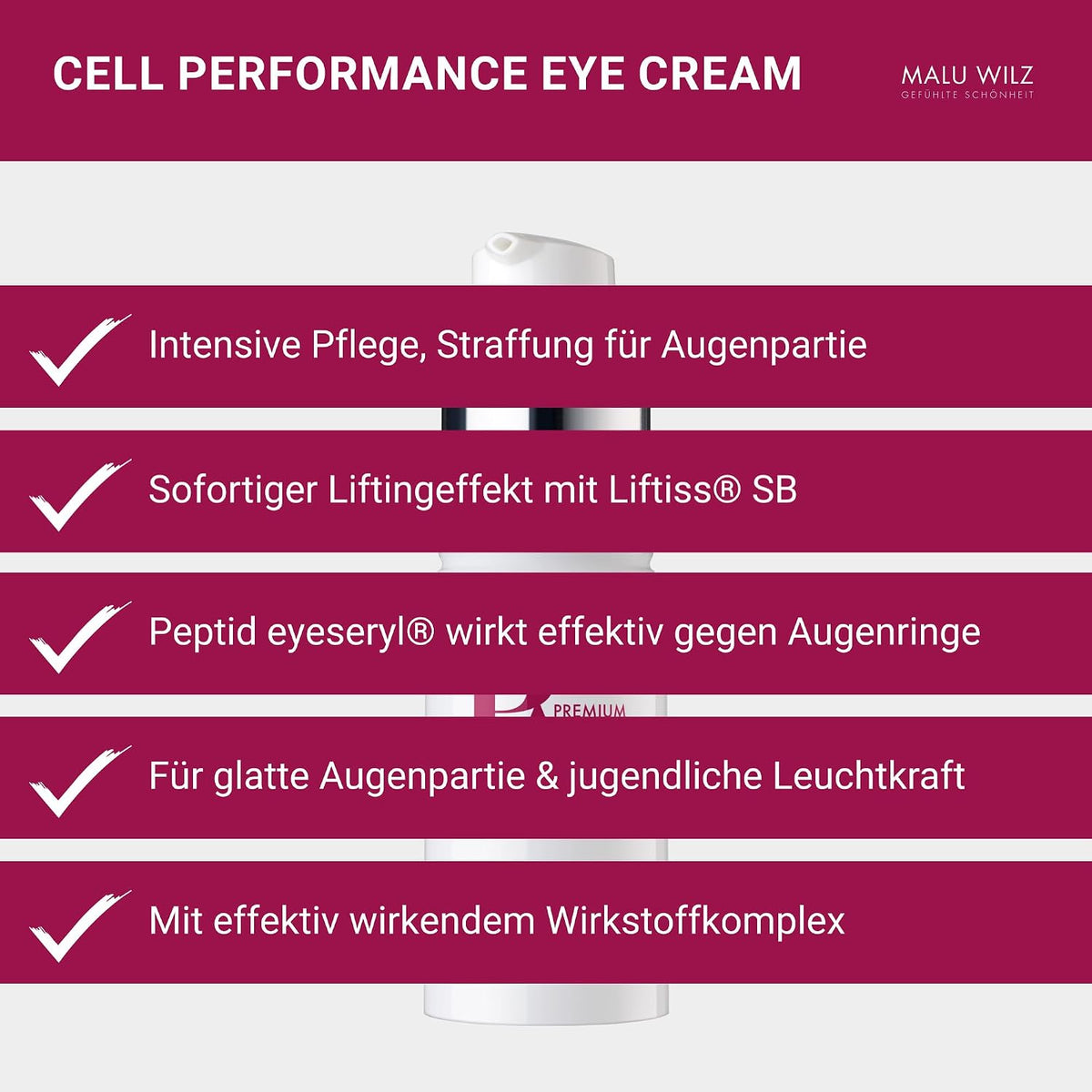 Malu Wilz Premium Aging Cell Performance Eye Cream 15ml I Anti Aging Augencreme gegen Falten und Augenringe I Augenpflege für beanspruchte Augenpartien